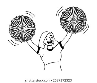 Female fan at a tournament with pom poms. A fan at a football or basketball tournament. Vector