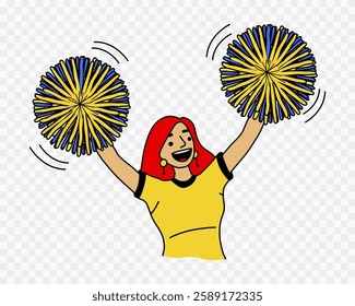 Female fan at a tournament with pom poms. A fan at a football or basketball tournament. Vector