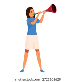 Female fan using a vuvuzela while supporting her favorite team at a sporting event