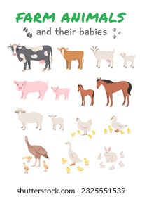 Female farm animals with offspring. Cow and calf, sheep, lamb, pig and piglet, horse, foal, goat with kid, chicken, chicks, duck and ducklings, turkey with poults, goose, goslings, rabbit with bunnies