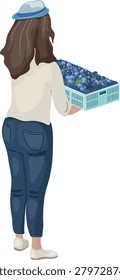 Female farm worker carrying a crate full of fresh harvested blueberries