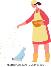 Female farmer in apron and rubber boots feeding hens seeds on a poultry farm, nurturing domestic birds and ensuring balanced nutrition for livestock