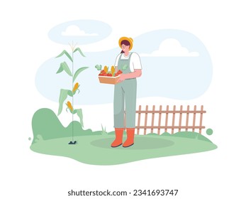 a female farmer was carrying carrot, corn and tomato from her harvest that day, she got a lot of vegetable
flat design, vector illustration