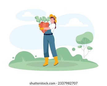 a female farmer was carrying carrots from her harvest that day, she got a lot of carrots
flat design, vector illustration
