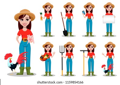 Female farmer cartoon character. Cheerful gardener woman rancher, set of nine poses. Vector illustration on white background