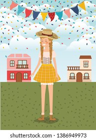 female farmer celebrating with garlands and cityscape
