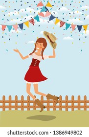 female farmer celebrating with garlands and fence