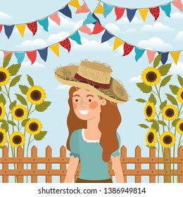 female farmer celebrating with garlands and fence