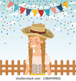 female farmer celebrating with garlands and fence