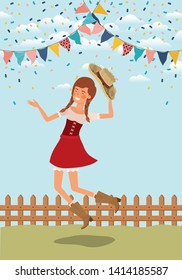 female farmer celebrating with garlands and fence