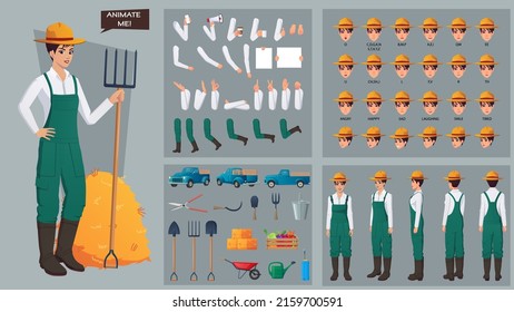 Female Farmer Character Constructor set with Various Gestures and Poses, Tools, and Face expressions with Lip sync Premium Illustration