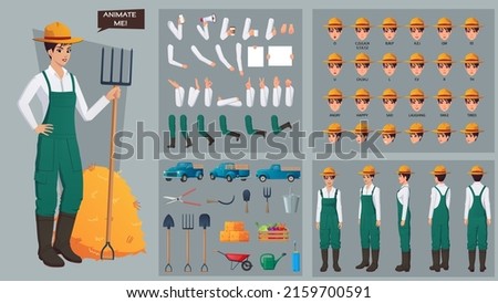 Female Farmer Character Constructor set with Various Gestures and Poses, Tools, and Face expressions with Lip sync Premium Illustration