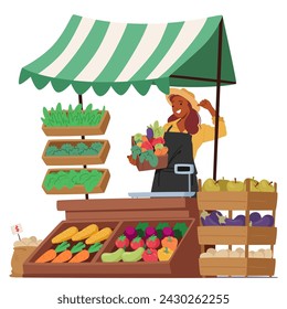 Female Farmer Character Proudly Displays A Vibrant Array Of Fresh Vegetables and Greenery At Market Stall Showcasing Rich Colors And Variety Of The Harvested Bounty. Cartoon People Vector Illustration