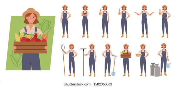 Female farmer character set. Different poses and emotions. Vector illustration in a flat style