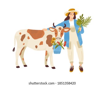 Female farmer character standing near cow. Woman feeding farm animal. Cute rural scene with shepherdess hugging adorable calf isolated on white background. Vector illustration in flat cartoon style