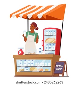 Female Farmer Character Stands Proudly Behind A Stall, Arrayed With Fresh Dairy Products, Milk, Cheese, Butter, And Yogurt, Promises Farm-to-table Natural Goods. Cartoon People Vector Illustration