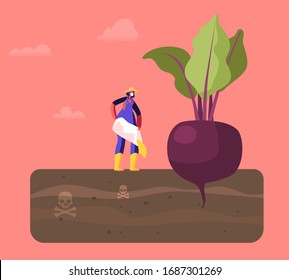 Female Farmer Character in Working Robe Pour Out Poisonous Fertilizer into Soil with Huge Beetroot Growing in Toxic Land. Farming Industry Agribusiness Ecology Pollution. Cartoon Vector Illustration