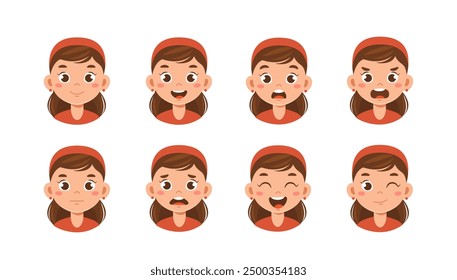 Female farmer constructor. Girl in hat with different emotions and feelings. Kit for creating cartoons. Pack of heads and faces. Farming and agriculture. Flat vector collection