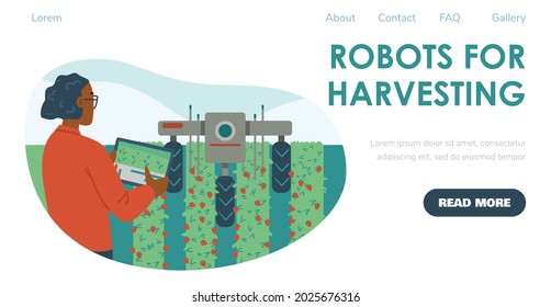 Una agricultora controla un robot que recolecta cultivos. Ilustración vectorial plana de la agricultura inteligente para la web. Concepto de tecnologías futuras.