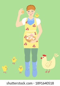 Female farmer with eggs and chicks. Flat style concept of young girl collecting eggs. Woman working on chicken farm. Female farmer holding egg.  Natural farming  concept. Trendy vector illustration.
