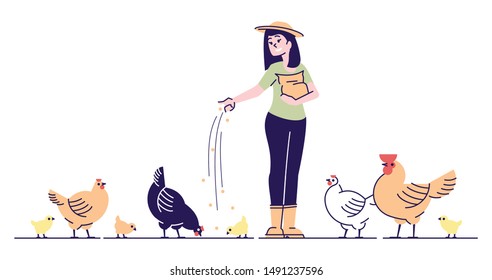 Female farmer feeding chickens flat vector character. Poultry backyard farm cartoon concept with outline. Hens, rooster and chicks pecking grain. Poultry breeding, rural hennery, bird agriculture