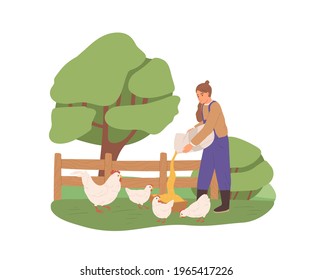 Granjera que alimenta pollos, vierte maíz, granos y semillas para gallinas en la granja. Mujer trabajando en la naturaleza. Ilustración colorida de vectores planos de aves de corral domésticas aisladas en fondo blanco