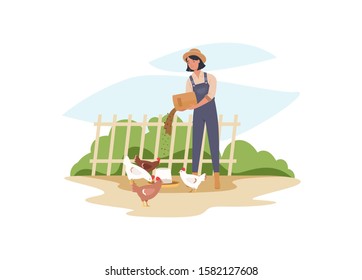 Female Farmer Feeding Chickens. Vector illustration in a flat style