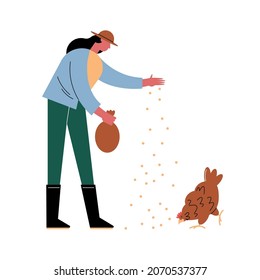 female farmer feeding hen character