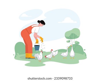 female farmer is feeding her chickens and ducks, she is very happy with her work
flat design, vector illustration