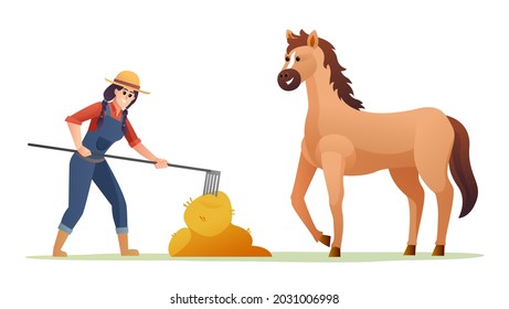 Female Farmer Feeding Horse With Hay Illustration