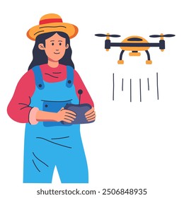 female farmer flying drone vector illustration.concept of modern technology development in the world of agriculture in flat style on white background