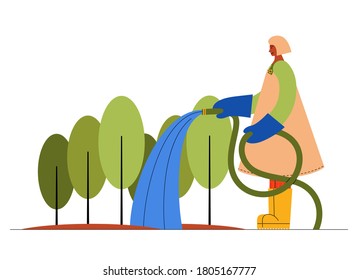 Female farmer, gardener, watering the tree with garden hose. Vector flat illustration