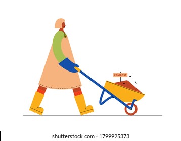 Female farmer, gardener, with wheelbarrow full of compost. Vector flat illustration