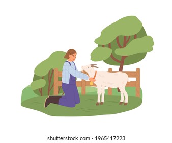 Granjera con cabra en el patio. Feliz mujer con uniforme y animal doméstico en la granja en verano. Estilo de vida rural. Aumento de valores en la naturaleza. Ilustración vectorial plana aislada en fondo blanco