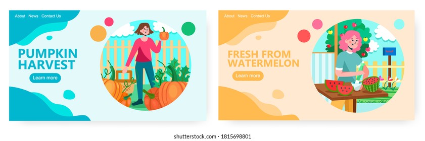 Female farmer harvest pumpkin. Woman makes watermelon juice. Concept illustration. Vector web site design template. Autumn and summer seasons
