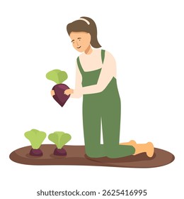 Female farmer harvesting beetroot on allotment while kneeling on the ground
