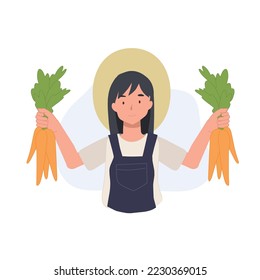 Female farmer Harvesting carrot vegetables.Picking carrot.Picking vegetable. Holding carrots in both hands. Flat vector cartoon character illustration.