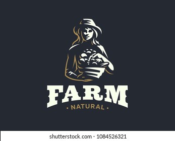 A female farmer in a hat with a basket of vegetables and fruits. Vintage vector logo.