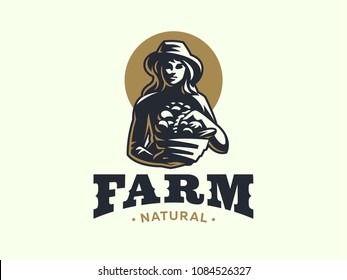 A female farmer in a hat with a basket of vegetables and fruits. Vintage vector logo.