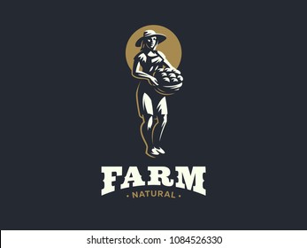 A female farmer in a hat with a basket of vegetables and fruits. Vintage vector logo.