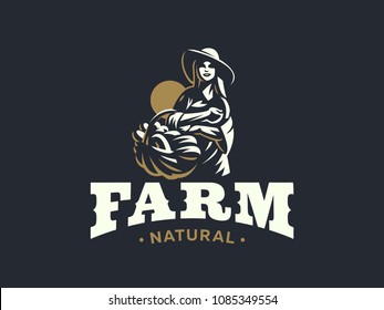 A female farmer in a hat with a basket of vegetables and fruits. Vintage vector logo.