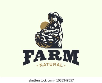 A female farmer in a hat with a basket of vegetables and fruits. Vintage vector logo.