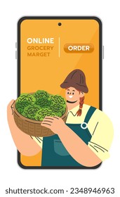 A female farmer holding a basket with fresh vegetables for delivery service. Grocery online shopping concept. Flat cartoon style vector illustration isolated on white background.