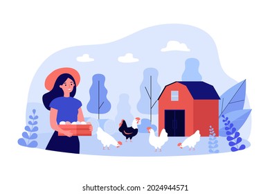 Female Farmer Holding Crate With Eggs Near Chicken Coop Or Barn. Happy Rural Woman Next To Hens And Rooster Flat Vector Illustration. Farming, Agriculture Concept For Website Design Or Landing Page