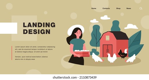 Female farmer holding crate with eggs near chicken coop or barn. Happy rural woman next to hens and rooster flat vector illustration. Farming, agriculture concept for website design or landing page