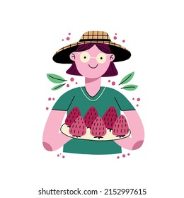 Female Farmer Holding A Plate With Strawberry. Hand Drawn Flat Vector Character Isolated On White Background. Fresh Organic Fruit For Summer Farmers Market. Logo Design. Farmers Market Logo.