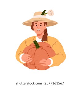 Female farmer holding pumpkin. Happy woman, farm worker in hat with large vegetable in hands, autumn season harvest, natural organic produce. Flat vector illustration isolated on white background