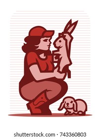 A female farmer is holding a rabbit in his hands. Vector illustration.
