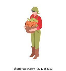 Female farmer holding ripe carrots 3d isometric vector illustration