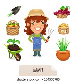 Female Farmer Icons Set. In the EPS file, each element is grouped separately. Isolated on white background. JPG with paths.